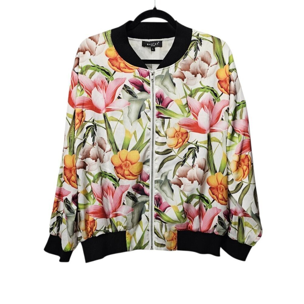 Beulah Floral Zip Front Lightweight Windbreaker Bomber Jacket Large